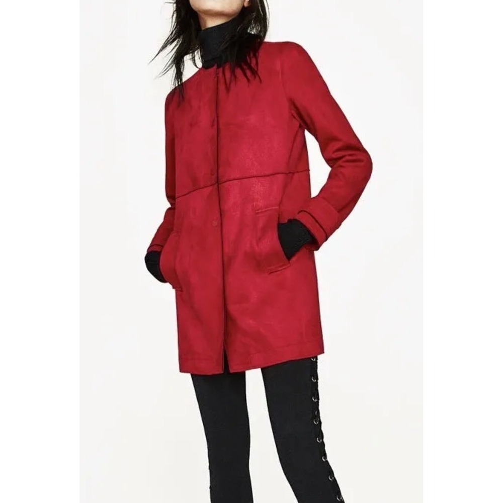 ZARA Basic Outerwear RED FAUX SUEDE COAT ROUND NECK snap buttons front pockets M